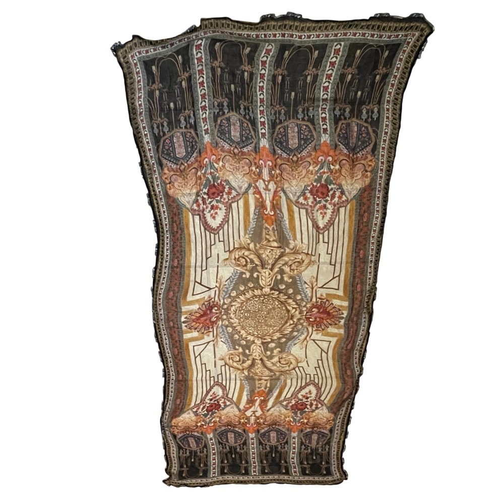 Vintage Silk Baroque Floral Sheer Scarf Wrap Brown Gold Crochet Scalloped Edge‎